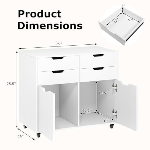 White File Cabinet with 4 Drawers and 2 Doors
