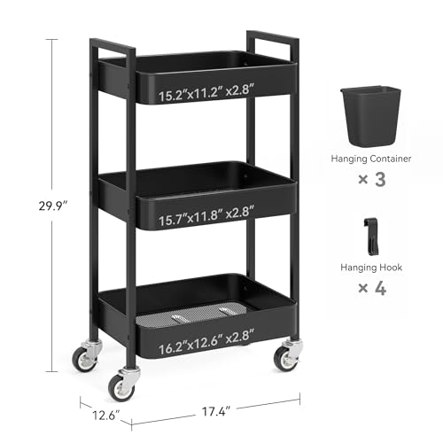 Nunsino 3 Tier Rolling Cart,Utility Cart with Locking Wheels, Hanging Cups & Hooks, Heavy Duty Metal Storage Organizer Cart for Kitchen,Office, Bathroom,Craft Room,Black - color: Black