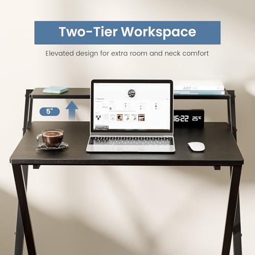 DUMOS Folding Desk with Shelf, No Assembly Computer Desk, Small Space Black | Foldable Desk with Shelf Saves Space for Bedroom, Office and Dorm Use - color: Modern Black