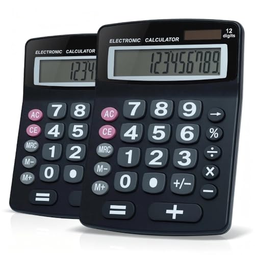 Lily's Home Jumbo 12-Digit Desktop Calculator Set of 2 (Black), Solar/Battery Dual Power, Large Tilted LCD Display, Big Button Design, Quiet Operation, for Office, School, Business & Home Use - color: Black-2PK