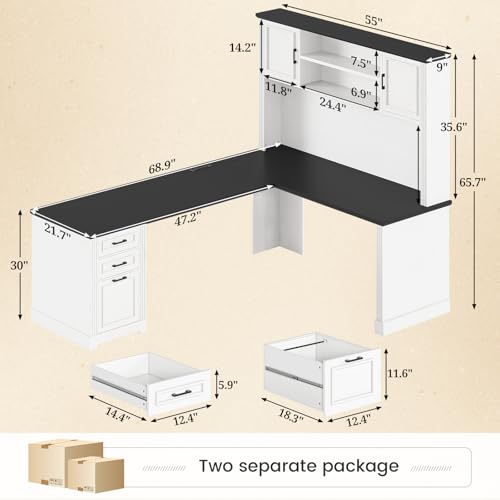 SEDETA Farmhouse L Shaped Desk with Hutch and 3 Drawers, 68.9" Executive Office Desk with File Drawer and Power Outlet, Corner Computer Desk with Storage Shelves for Home Office, White - color: White, size: L Shaped Desk with Hutch