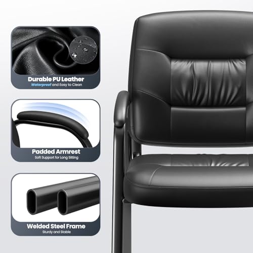 Modern Conference Room Chairs with Arms, PU Leather Padded Guest Chair with Welded Steel Frame, Ergonomic Office Reception Chair, 300LBS, Waterproof & Easy to Clean,Black,Set of 4