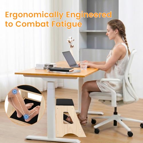 Double Step Footrest Under Desk,4 Adjustable Heights with Adjustment Stem | Adjustable lErgonomic Foot Stool Under Desk for Home &Office,Cushioned Top &Non-Slip Surface,Excellent Pine Wood