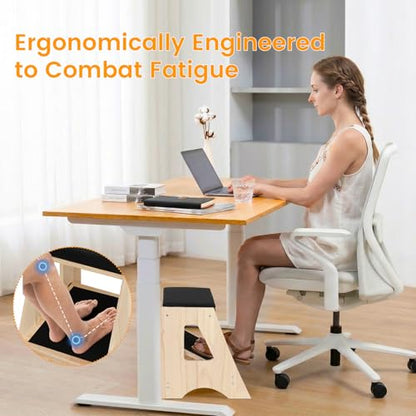 Double Step Footrest Under Desk,4 Adjustable Heights with Adjustment Stem | Adjustable lErgonomic Foot Stool Under Desk for Home &Office,Cushioned Top &Non-Slip Surface,Excellent Pine Wood