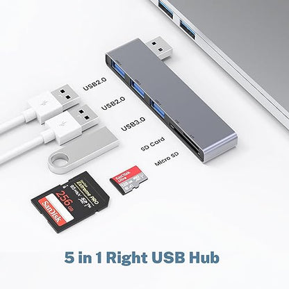 Fidioto USB A Hub, Left Model 5-in-1 Network-Hubs with 1 USB3.0 &2 USB2.0 & Micro SD/TF Card Reader, Compatible for Laptop MacBook, Chromebook, Dell, HP, Samsung, Keyboard, Mouse Etc. - color: 5in1-Left-Gery