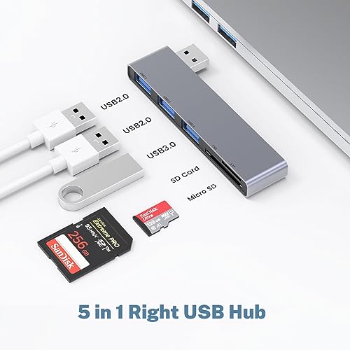 Fidioto USB A Hub, Left Model 5-in-1 Network-Hubs with 1 USB3.0 &2 USB2.0 & Micro SD/TF Card Reader, Compatible for Laptop MacBook, Chromebook, Dell, HP, Samsung, Keyboard, Mouse Etc. - color: 5in1-Left-Gery