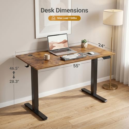Claiks Electric Height Adjustable Standing Desk, 55x24 Inch, Rustic Brown | Smooth Height Adjustment, 3 Memory Presets, Cable management hub & hook, Stable Steel Frame, 156 lbs Capacity, Easy Assembly - color: Rustic Brown, size: 55