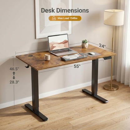 Claiks Electric Height Adjustable Standing Desk, 55x24 Inch, Rustic Brown | Smooth Height Adjustment, 3 Memory Presets, Cable management hub & hook, Stable Steel Frame, 156 lbs Capacity, Easy Assembly - color: Rustic Brown, size: 55