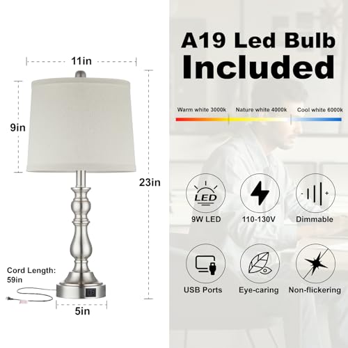23'' Table Lamps Set of 2, Silver Lamps for Bedroom, USB C+A Ports - color: C.Light Oat, Silver
