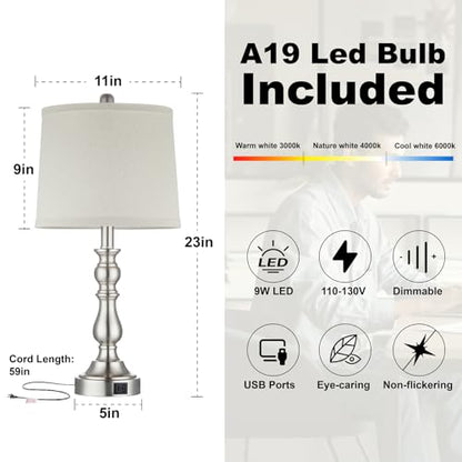 23'' Table Lamps Set of 2, Silver Lamps for Bedroom, USB C+A Ports - color: C.Light Oat, Silver