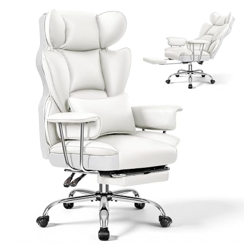 ALLGOD Big and Tall Office Chair 400LBS, Executive Ergonomic Leather Chair with Footrest, Wide Seat Gaming Office Chair with Pocket Spring Cushion, Reclining High Back Computer Desk Chair, White - color: White, size: 1 Pack