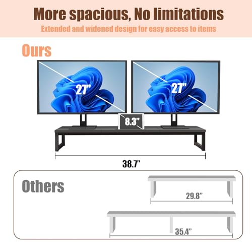 Dual Monitor Stand Riser, 38.7'' Long Wood and Steel Monitor Stand for 2 Monitors, Ergonomic Desktop Organizer with Tablet Stand for Computer,Laptop,TV (Black)