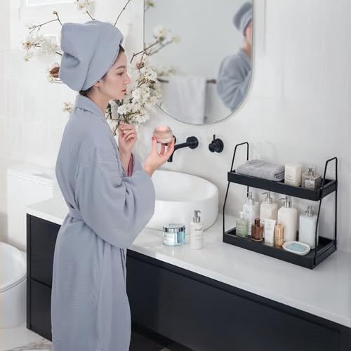 Demigo 2-Tier Bathroom Countertop Organizer, Black Acacia Wood Storage Rack | 13.6 x 14 x 6.7 inches Counter Standing Rack, Storage Shelf for Vanity Kitchen Counter Office Desk Makeup & Cosmetic