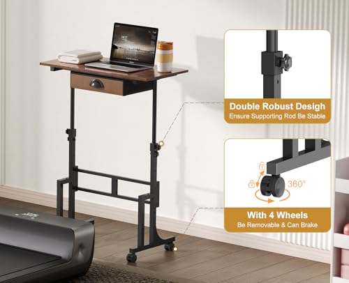 Adjustable Height Standing Desk With Drawer, Rolling Sit Stand Up Desk With Wheels, Small Sit To Stand Computer Desk, Adjustable Desktop Height, On Wheels, Brown, For Walking Pad Laptop Treadmill - color: Brown