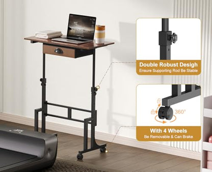 Adjustable Height Standing Desk With Drawer, Rolling Sit Stand Up Desk With Wheels, Small Sit To Stand Computer Desk, Adjustable Desktop Height, On Wheels, Brown, For Walking Pad Laptop Treadmill - color: Brown