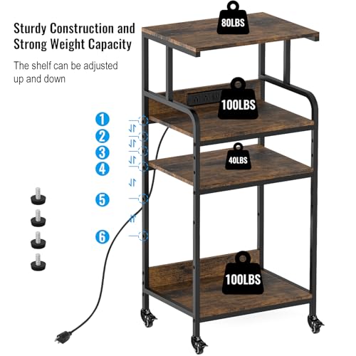 Rustic Brown 4 Tier Adjustable Mobile Printer Stand Rolling Cart | Tall space saving design for small home office holds scanner cricut heat press fax machine and various desktop equipment - color: 4-Tier Rustic Brown