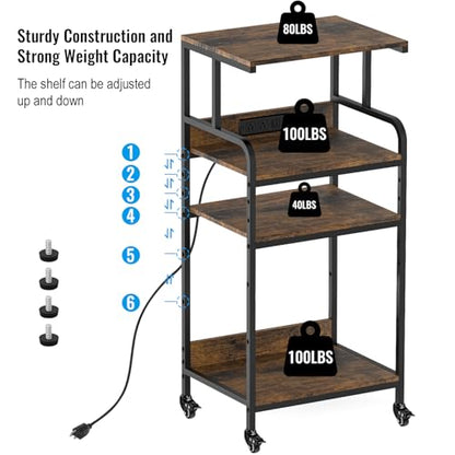 Rustic Brown 4 Tier Adjustable Mobile Printer Stand Rolling Cart | Tall space saving design for small home office holds scanner cricut heat press fax machine and various desktop equipment - color: 4-Tier Rustic Brown