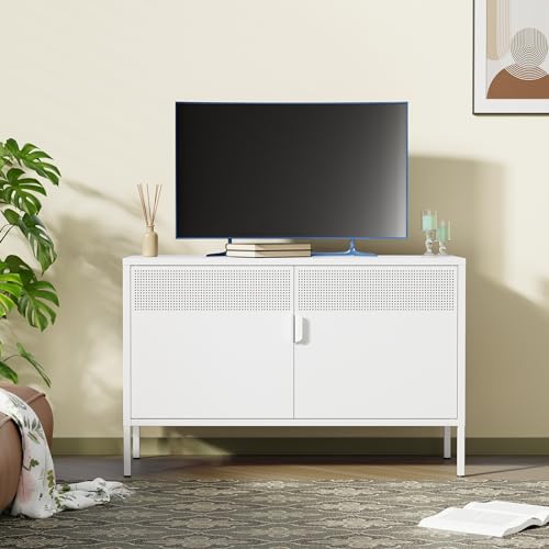 Ustamio White Metal Locker Storage Cabinet with Adjustable Shelf, Low Metal Storage Cabinet for Home Office, 2 Door Small Decorative Metal Locker Tv Stand Cabinet - color: White, size: 25.2"H-Metal Doors