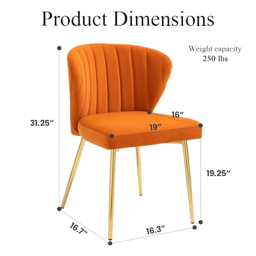 Velvet Dining Chairs Set of 2, Modern Upholstered Vanity Chairs with Golden Metal Legs for Dining Room Kitchen Vanity Patio (Orange) - color: Orange