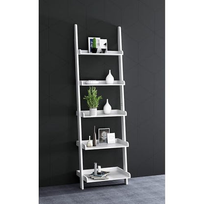 5 Tier Wall-Leaning Ladder Bookshelf, White, 70 Inches | Modern, Storage Rack, Organizer - color: White