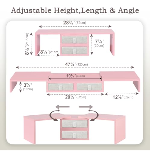 TEAMIX Pink Dual Monitor Stand Riser with 2 Drawers - Length and Angle Adjustable Double Corner Desk Shelf Organizer 37 inch for 2 Laptop/PC/Screen/TV (2 Drawers - 8''H)