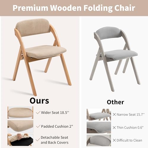 Folding Chairs with Padded Seats | Wooden Stackable Dining Chair Set of 2 with Removable Cover Extra for Guests Kitchen Office Wedding Party Picnic, Khaki - color: Khaki, size: 2PCS