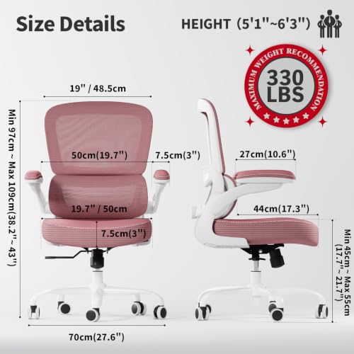 TRALT Ergonomic Office Chair Desk Chair with Adjustable Lumbar Support | Desk Chair Comfy with Flip-up Armrests Ergonomic Chair - Mesh Computer Chairs for Adults, 330lbs, PU Leather (Pink, 1) - color: Pink, size: Pack of 1