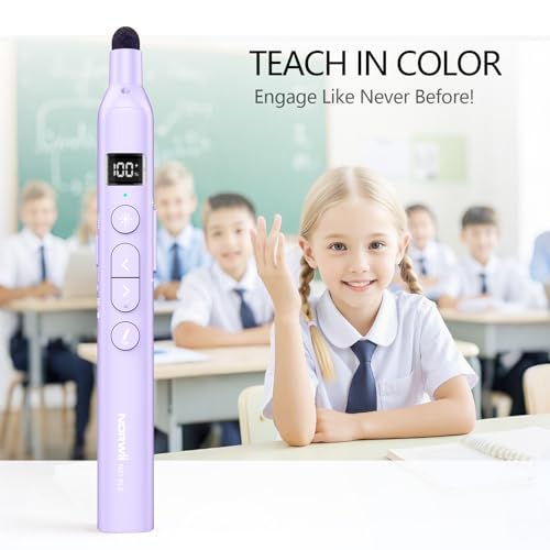 N21 Bluetooth Presentation Clicker for PowerPoint with Retractable Pointer | ①Laser Pointer②Telescopic touch pen③Countdown timer, vibration alert ④Customizable Button ⑤Rechargeable;battery level display - color: Purple - Green Pointer