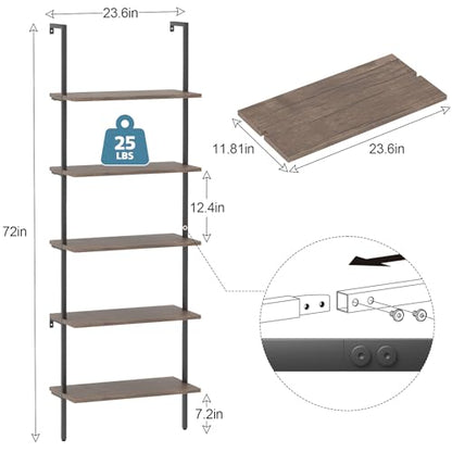 aboxoo Ladder Shelf 2PCS Open Bookshelf 5-Tier Wall-Mounted Wood Bookcase Rack Open Back Industrial Modern Plant Flower Stand Utility OrganizerMetal Frame Furniture Office Kitchen Bedroom (Brown) - color: Rustic Brown 5-tier, size: 2PCS