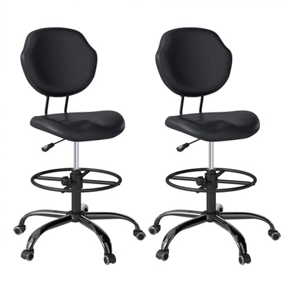 Drafting Chair with Back Support, Tall Desk Rolling Stool (Black, Set of 2) | Armless High Faux Leather Office Chair with Footrest Ring, Height Adjustable, Suitable for Standing Desk, Workbench, Studios - size: 2PK