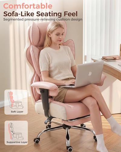 COMHOMA Big and Tall Office Chair Heavy Duty Gaming Chair with Deluxe Embossing Leather High Back Wider Ergonomic Computer Chair with Foot Rest 145°Reclining Pocket Spring Lumbar Support - color: Rose Pink