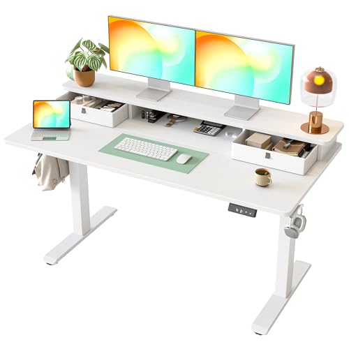 TIQLAB Standing Desk with Two Drawers, Stand Up Standing Desk Adjustable Height, Electric Sit Stand Table with Storage Shelf and Splice Board, 55 * 24 inch, White - color: White, size: 55*24 inch without keyboard tray