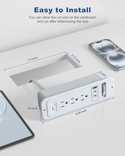 Recessed Power Strip with Retractable USB C Cable,2 PD 20W USB C,Flush Mount Countertop Drawer Outlet, Furniture Hidden Outlet for Side Table,End Table,3 Outlets (Grey, 6FT-20W USB) - color: Grey, size: 6FT-20W USB
