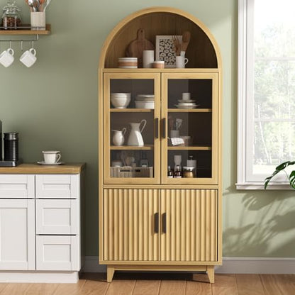 Arched Cabinet with Glass Doors, Fluted Pantry Cabinet with Solid Wood Legs - color: Wood Grain, size: Tall Arched - 15.7"D x 31.1"W x 70.8"H