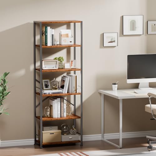 Furologee 6 Tier Book Shelf, Tall Wide Bookshelf, Industrial Open Bookcase, Display Shelves Storage Organizer, Shelving Unit for Living Room, Home Office, Bedroom, Rustic Brown | 20'' Wide Industrial Storage Shelves with X Crossbar, Shelving Units for Bed
