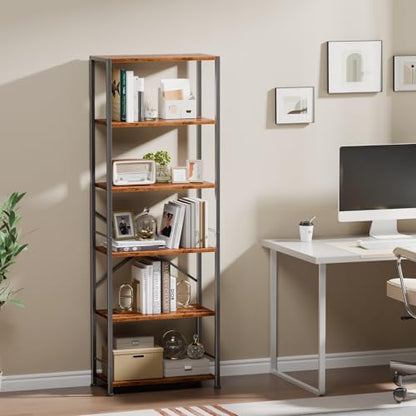 Furologee 6 Tier Book Shelf, Tall Wide Bookshelf, Industrial Open Bookcase, Display Shelves Storage Organizer, Shelving Unit for Living Room, Home Office, Bedroom, Rustic Brown | 20'' Wide Industrial Storage Shelves with X Crossbar, Shelving Units for Bed