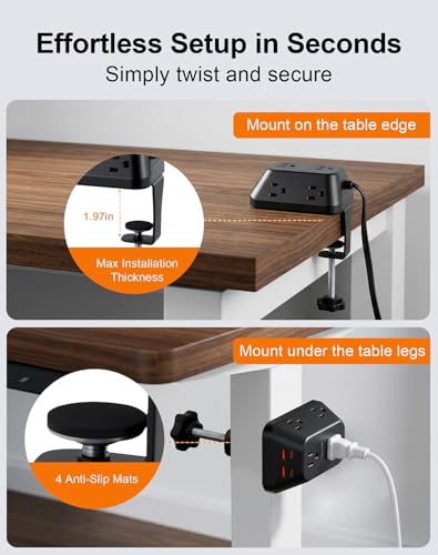 Desk Clamp Power Strip, 6 AC, 2 USB-C & 2 USB-A, 1440J, 10FT Cord - size: 10FT-Black