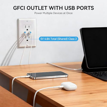 15 Amp GFCI Outlet with Dual USB-A Ports, White, 1-Pack