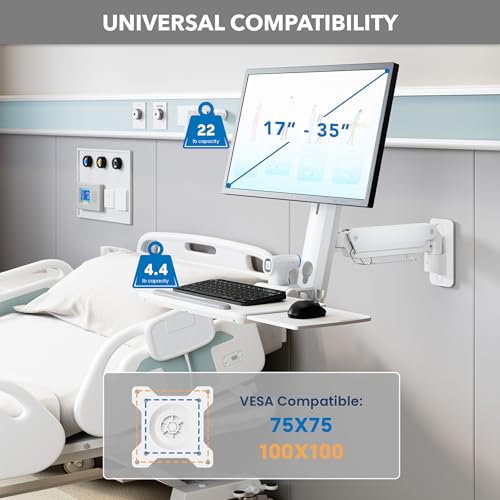 Mount-It! MedHub Wall-Mounted Medical Workstation | Height-adjustable monitor & keyboard arm with folding tray and sliding mouse pad for clinics, exam rooms & dental.