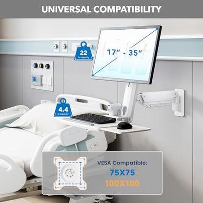 Mount-It! MedHub Wall-Mounted Medical Workstation | Height-adjustable monitor & keyboard arm with folding tray and sliding mouse pad for clinics, exam rooms & dental.