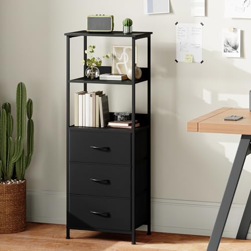 Somdot 5 Tier Bookshelf with 3 Drawers, Narrow Storage Bookcase for Bedroom | Tall Metal Frame Bookcase for Small Spaces, Living Room and Home Office, Black - color: Black