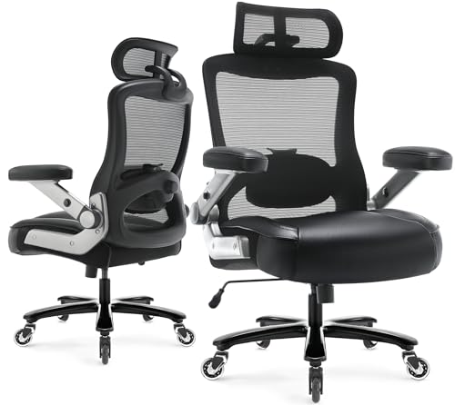 600lbs Big and Tall Office Chair, Heavy Duty Executive Computer Desk Chair | 3D Flip Arms, Large Wheels, Ergonomic Design, Extra Wide Seat, Adjustable Lumbar Support&Headrest, Mesh High Back Chair - color: Black
