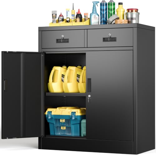 BESFUR Metal Storage Cabinet with Doors and Shelves, 36" H Locking Storage Cabinet with 2 Drawers, Reinforced Heavy Duty Metal Cabinets for Garage, Office, Home(Black) - color: Black, size: 36" H x 32" W x 16" D