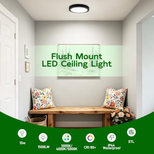hykolity 7Inch Selectable CCT LED Flush Mount Ceiling Light,1500LM,2 Pack | 15W 3000K/4000K/5000K, Edge-Lit Flush Mount Ceiling Light Fixture for Kitchen, Bedroom, Laundry and Closet Room,Black - color: Black, size: 7 inch