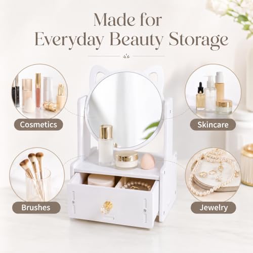 Desktop Makeup Mirror Organizer with Drawers, Compact Vanity Storage Box, Round Mirror, Cosmetic, Skincare and Jewelry