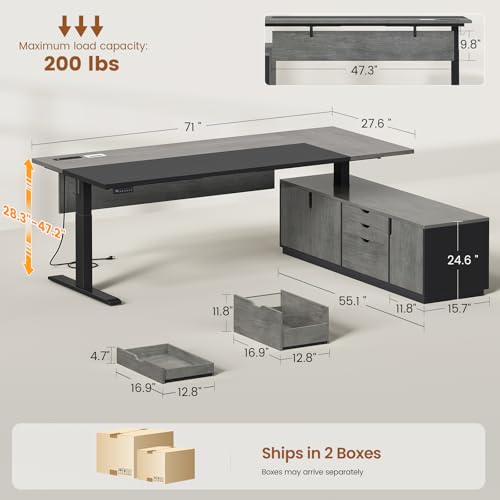 SEDETA 71" Executive Large L Shaped Electric Standing Desk, Grey | Height Adjustable Executive Desk with 3 Drawers and Cabinet,Sit Stand Up Home Office Desk with Power Outlets & Side Hook - color: Grey