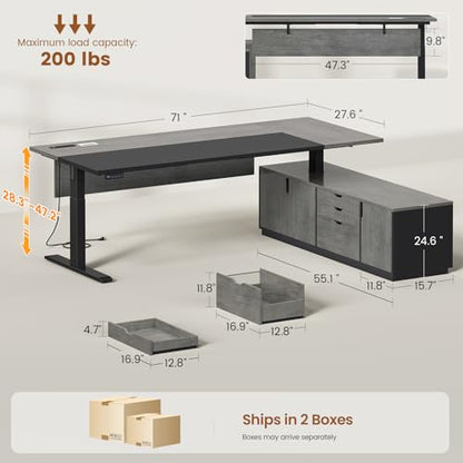 SEDETA 71" Executive Large L Shaped Electric Standing Desk, Grey | Height Adjustable Executive Desk with 3 Drawers and Cabinet,Sit Stand Up Home Office Desk with Power Outlets & Side Hook - color: Grey