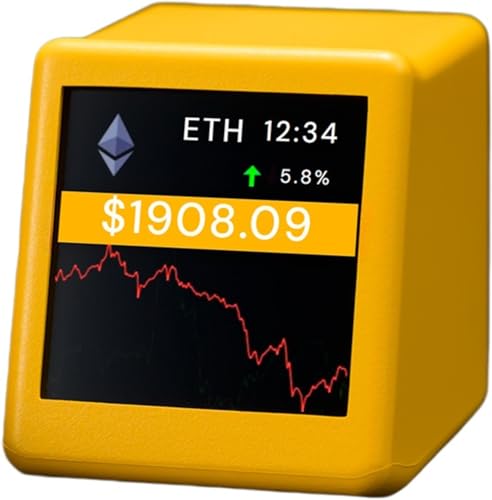 Bitcoin Ticker Crypto Price Display Time Clock Real-Time Compact Size 1.37" Diagonal Price Tracker Ticker Weather Display for Top 300 Coins Ideal for Desk or Nightstand Uses Wi-Fi (Yellow) - color: Yellow