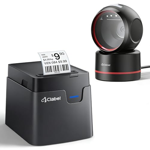 CLABEL Desktop Label Printer and Scanner Kit, Thermal Label Printer for 0.98"-1.96" Labels, Auto-Sensing 1D 2D QR Code Scanner, All-in-One Bundle for Retail Inventory and Asset Management