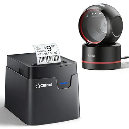 CLABEL Desktop Label Printer and Scanner Kit, Thermal Label Printer for 0.98"-1.96" Labels, Auto-Sensing 1D 2D QR Code Scanner, All-in-One Bundle for Retail Inventory and Asset Management